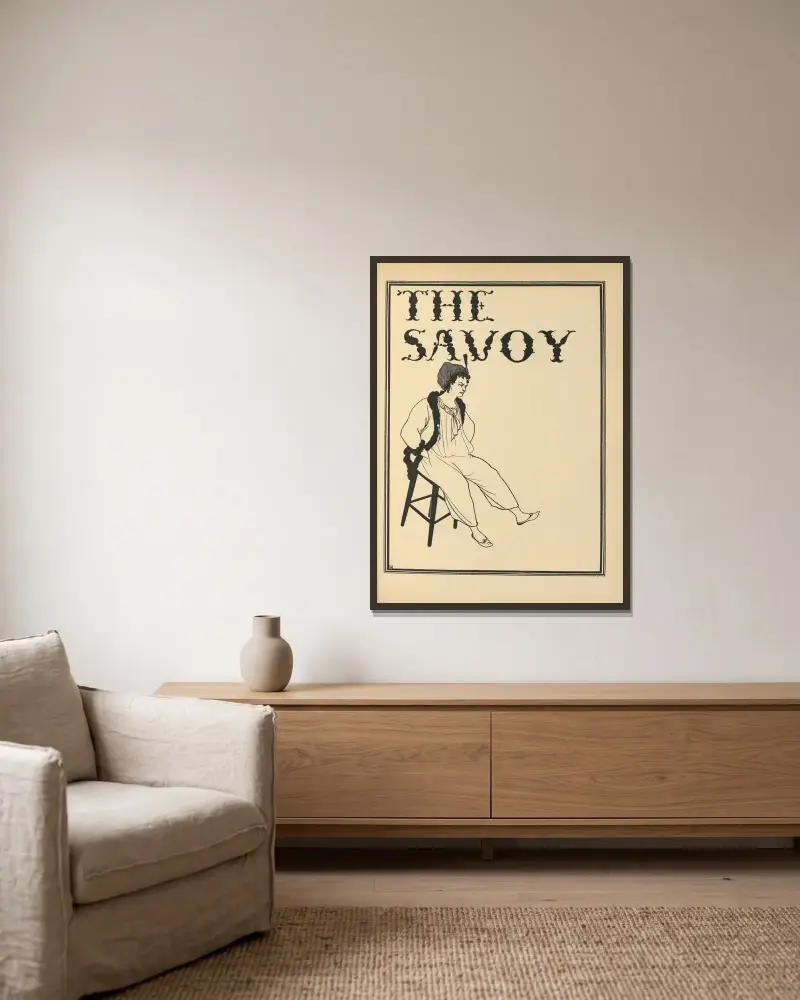 Omslagsdesign. Från 'The Savoy' nr 8 av Aubrey Vincent Beardsley inramad på en vägg