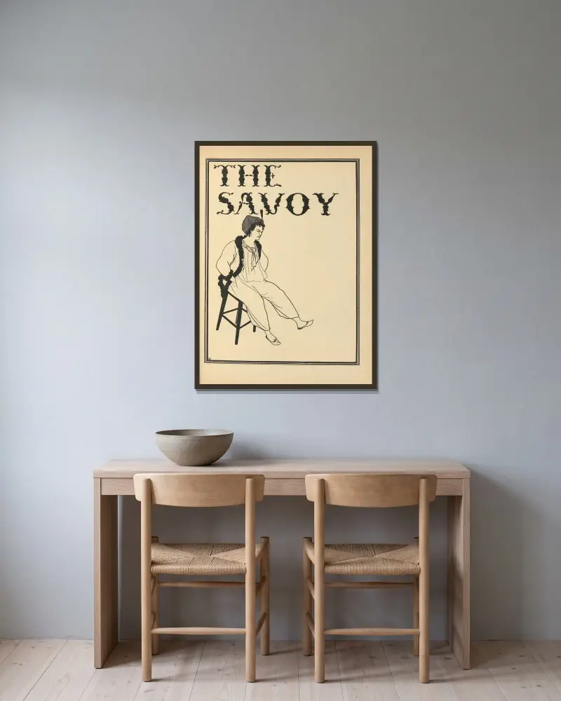 Omslagsdesign. Från 'The Savoy' nr 8 av Aubrey Vincent Beardsley inramad på en vägg