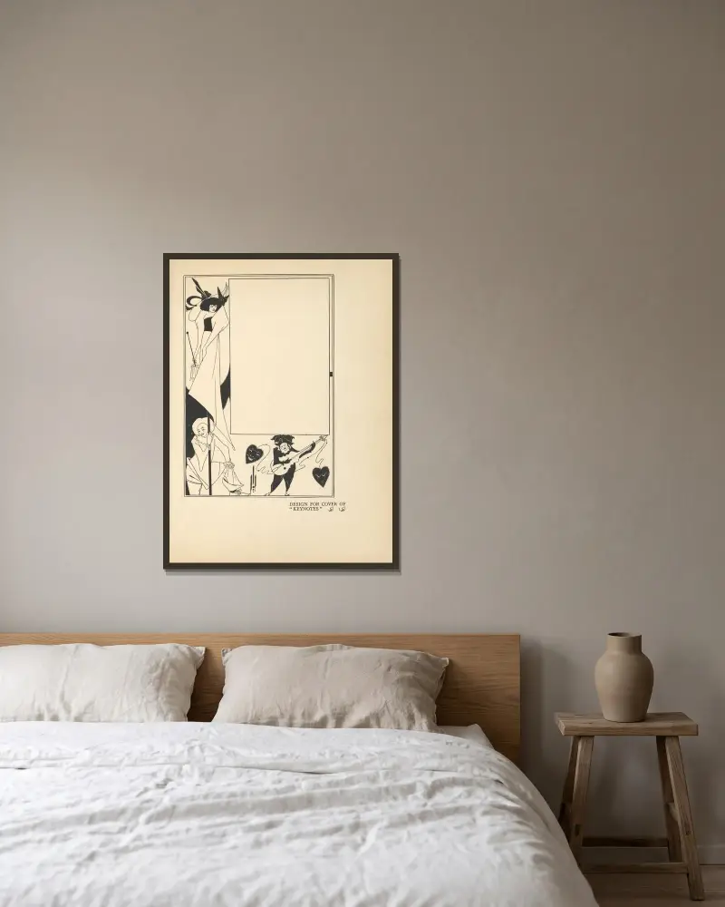 Entwurf für das Cover von ‚Keynotes‘ von Aubrey Vincent Beardsley gerahmt an einer Wand