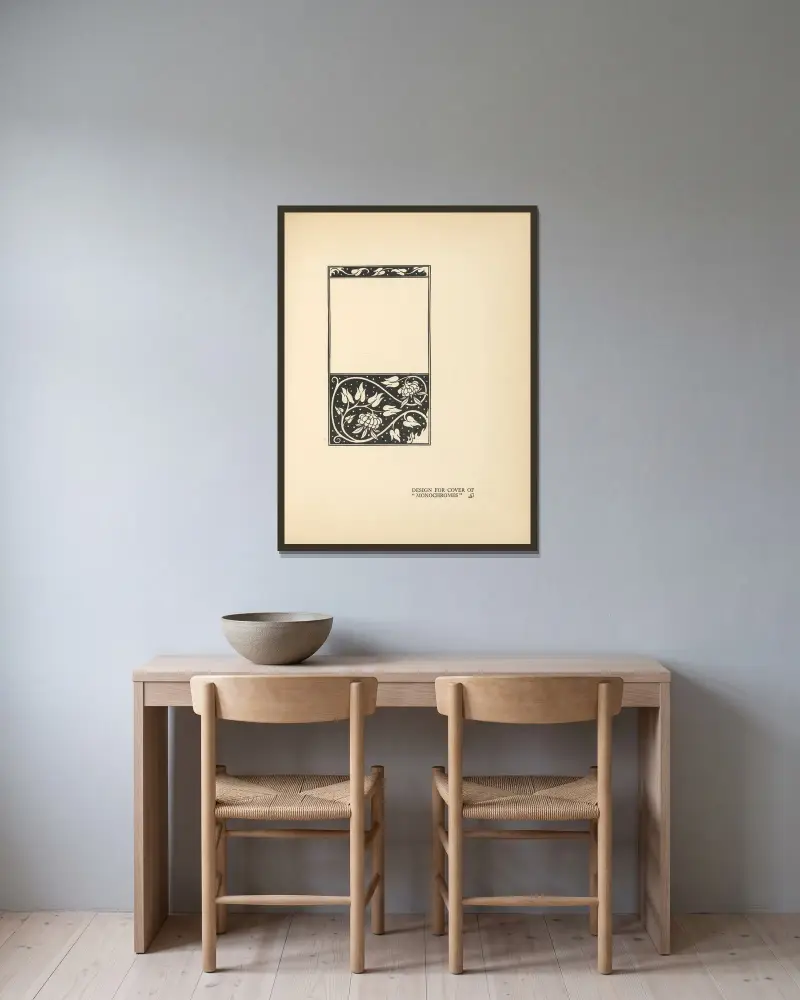 Omslagsdesign för 'Monochromes' av Aubrey Vincent Beardsley inramad på en vägg