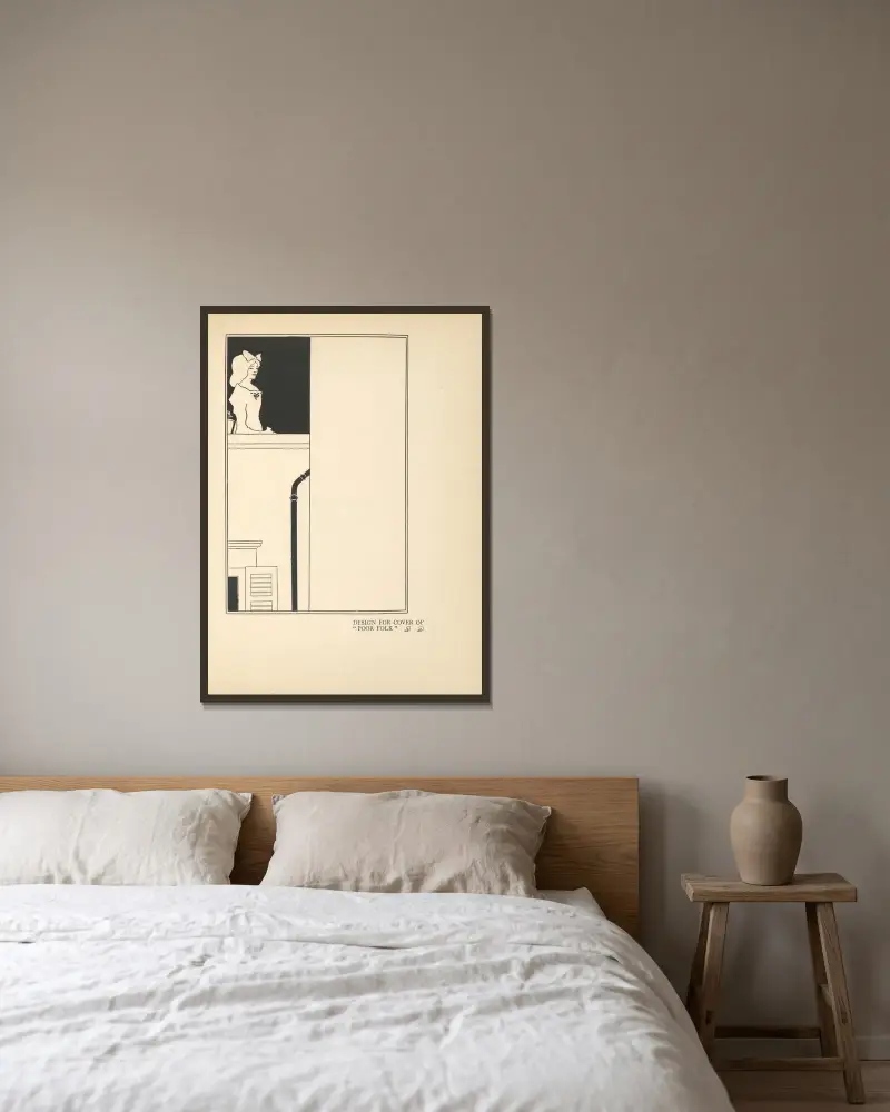 Omslagsdesign för 'Fattigt folk' av Aubrey Vincent Beardsley inramad på en vägg