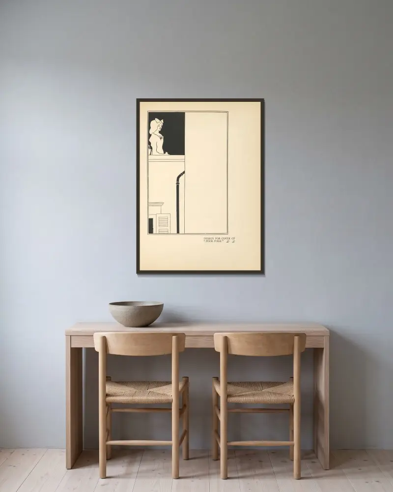 Omslagsdesign för 'Fattigt folk' av Aubrey Vincent Beardsley inramad på en vägg
