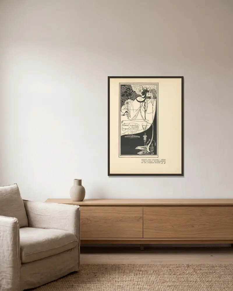 Design For ‘Salome’ av Aubrey Vincent Beardsley inramad på en vägg