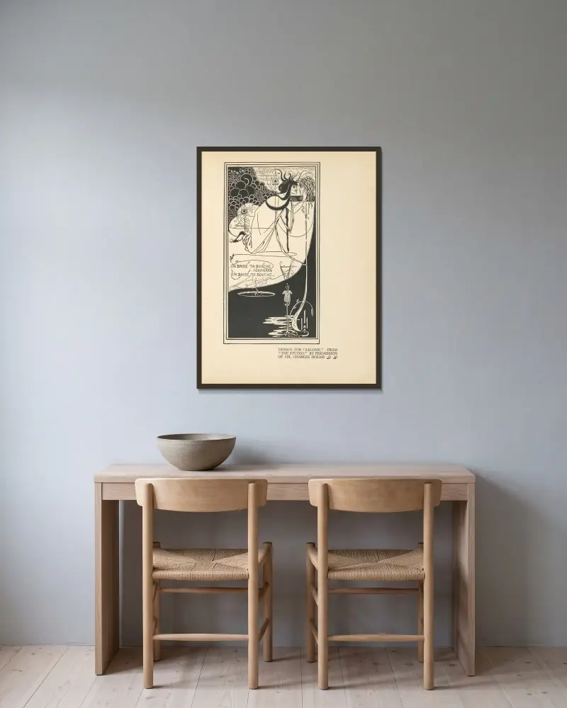 Design For ‘Salome’ av Aubrey Vincent Beardsley inramad på en vägg