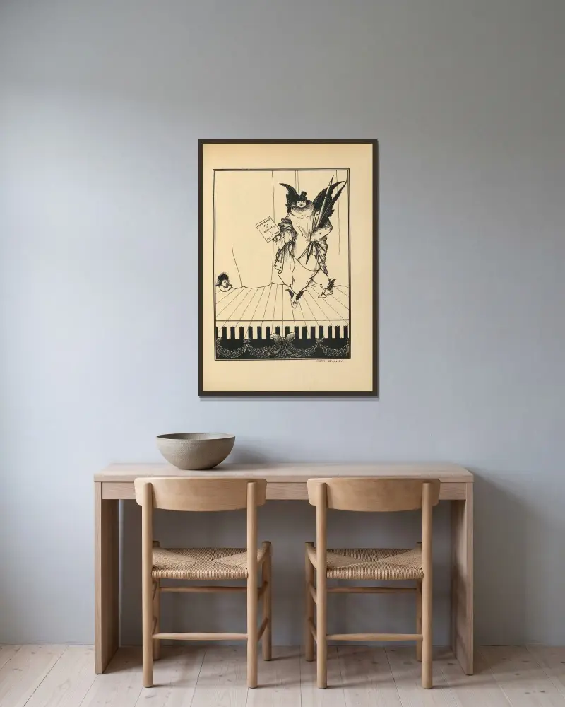 Design för prospektet till 'The Savoy' av Aubrey Vincent Beardsley inramad på en vägg