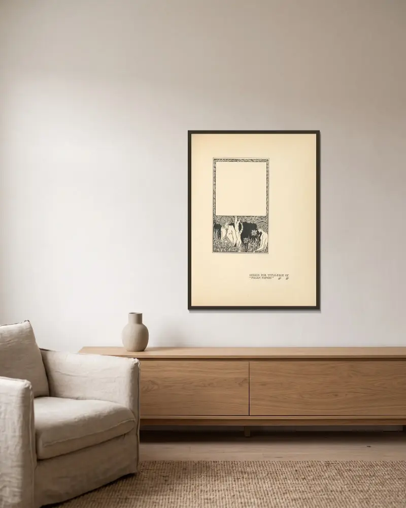 Entwurf für den Titel von ‚Pagan Papers‘ von Aubrey Vincent Beardsley gerahmt an einer Wand