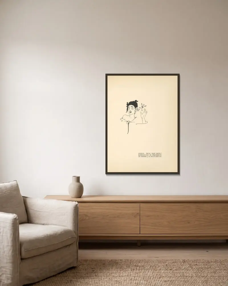 Entwurf. Aus „Bon Mots“ – Nr. 3 von Aubrey Vincent Beardsley gerahmt an einer Wand