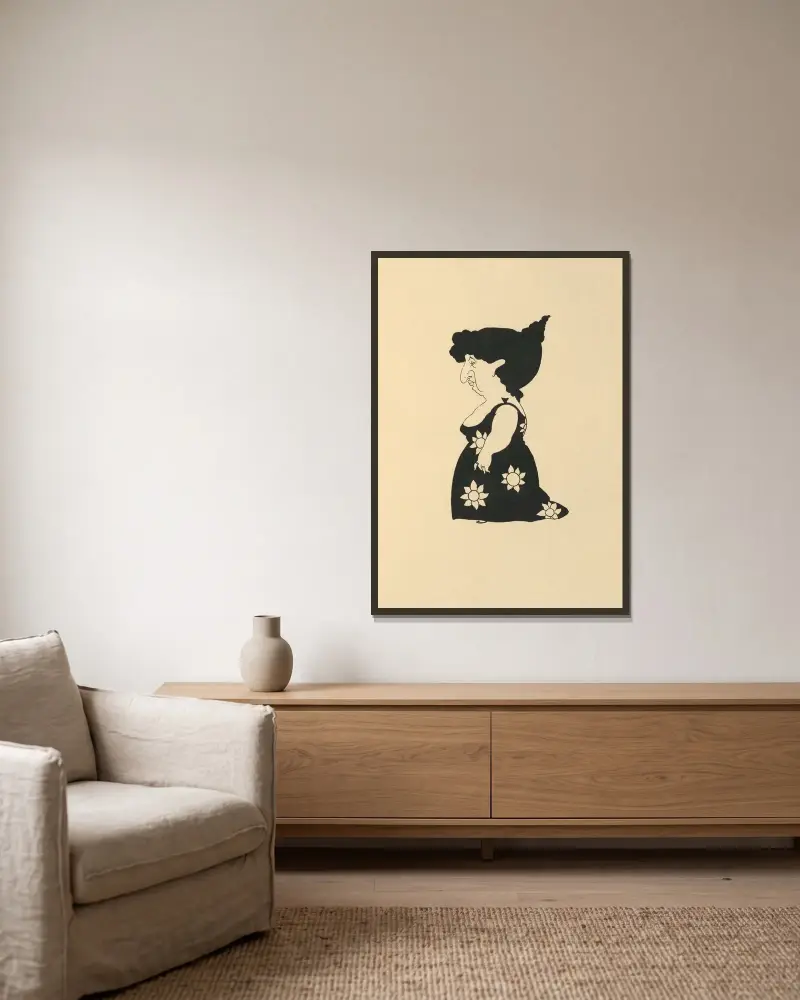 Entwurf. Aus „Bon Mots“ – Nr. 4 von Aubrey Vincent Beardsley gerahmt an einer Wand