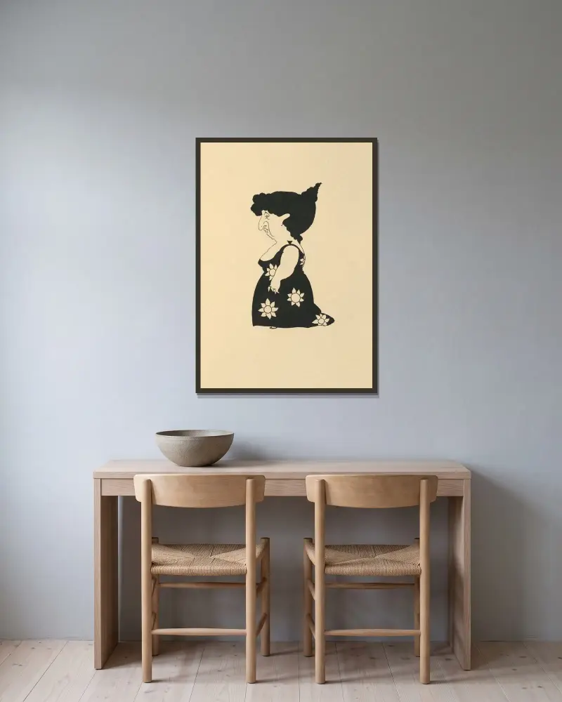 Entwurf. Aus „Bon Mots“ – Nr. 4 von Aubrey Vincent Beardsley gerahmt an einer Wand
