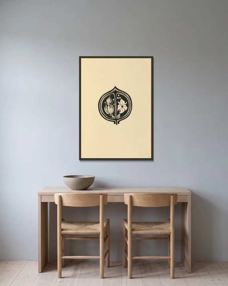 Design från omslaget till Aubrey Beardsleys exemplar av 'Tristan und Isolde' – nr 2 av Aubrey Vincent Beardsley inramad på en vägg