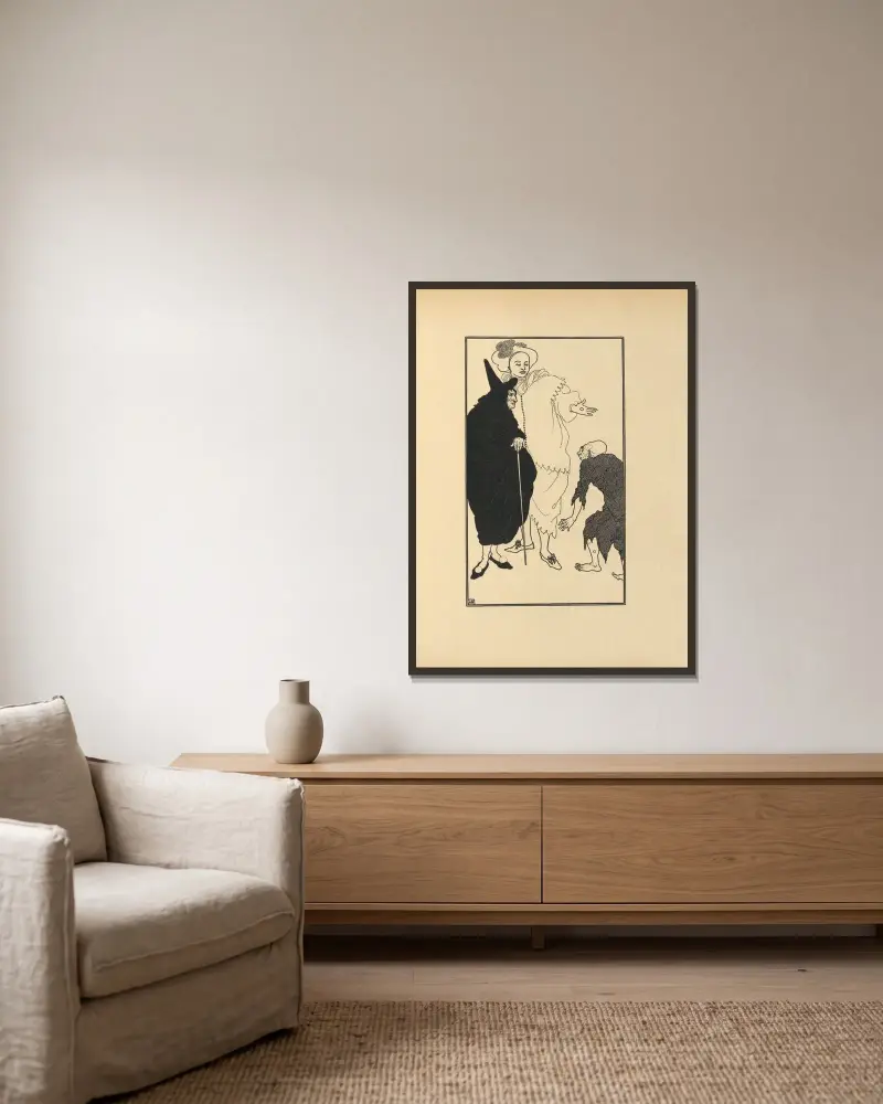 Don Juan, Sganarelle und der Bettler von Aubrey Vincent Beardsley gerahmt an einer Wand