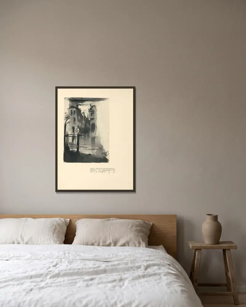 Tidig skiss av Holywell Street av Aubrey Vincent Beardsley inramad på en vägg