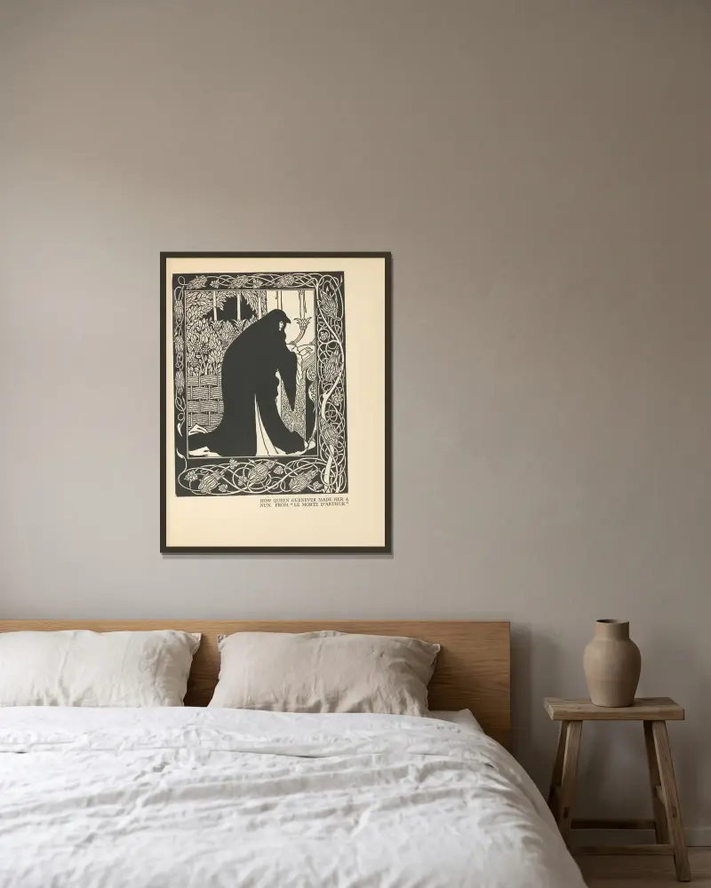 Hur drottning Guenever blev nunna. Ur ”Le Morte d’Arthur” – nr 1 av Aubrey Vincent Beardsley inramad på en vägg