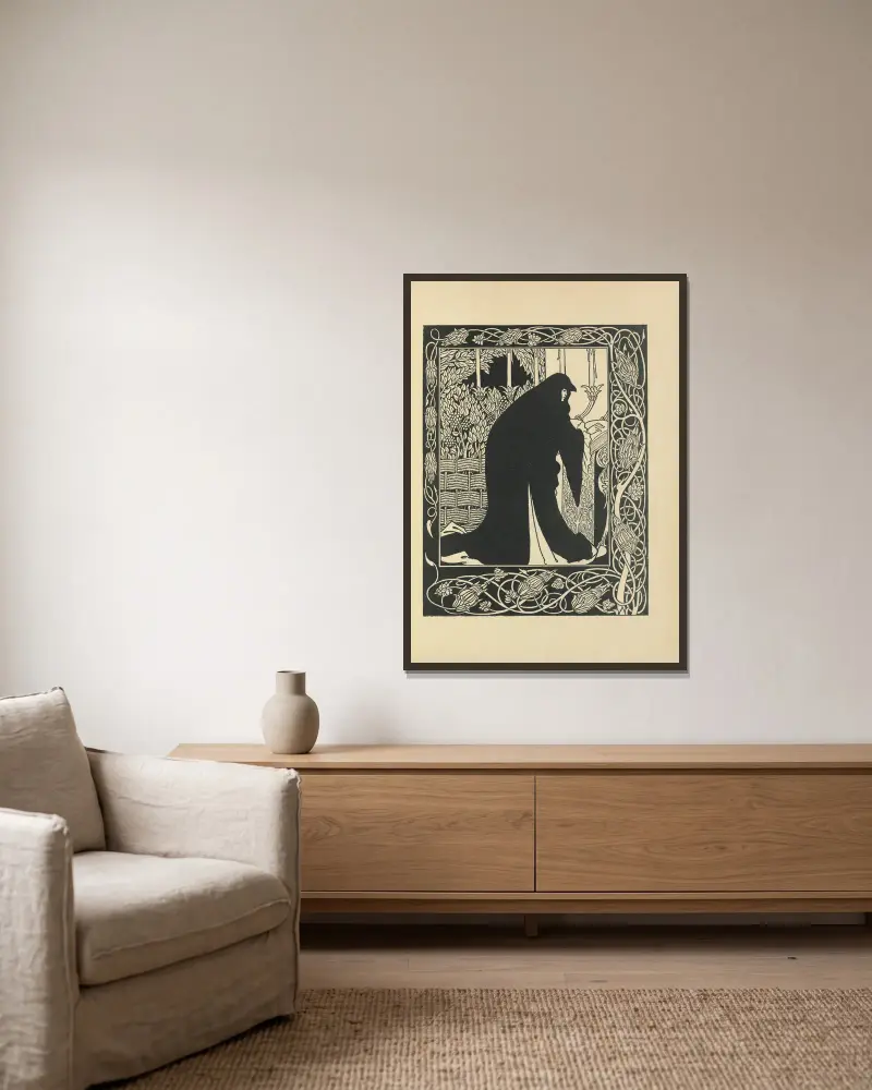 Hur drottning Guenever blev nunna, ur ”Le Morte Darthur” av Aubrey Vincent Beardsley inramad på en vägg