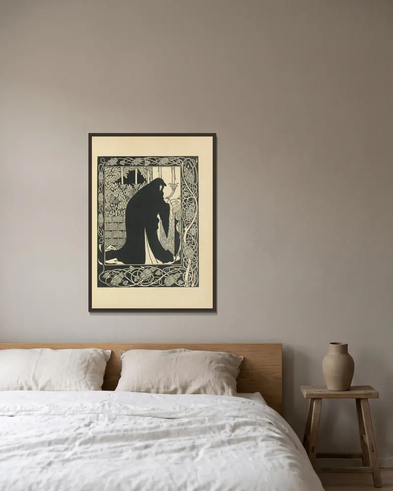 Hur drottning Guenever blev nunna, ur ”Le Morte Darthur” av Aubrey Vincent Beardsley inramad på en vägg