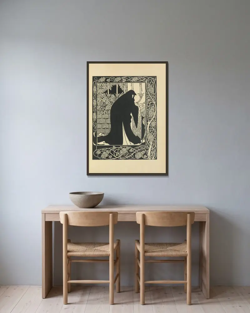 Hur drottning Guenever blev nunna, ur ”Le Morte Darthur” av Aubrey Vincent Beardsley inramad på en vägg