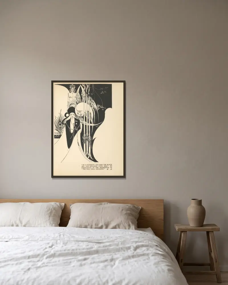 O nowicjuszu i jak mu objawiono czarną sztukę, Aubrey Vincent Beardsley w ramie na ścianie