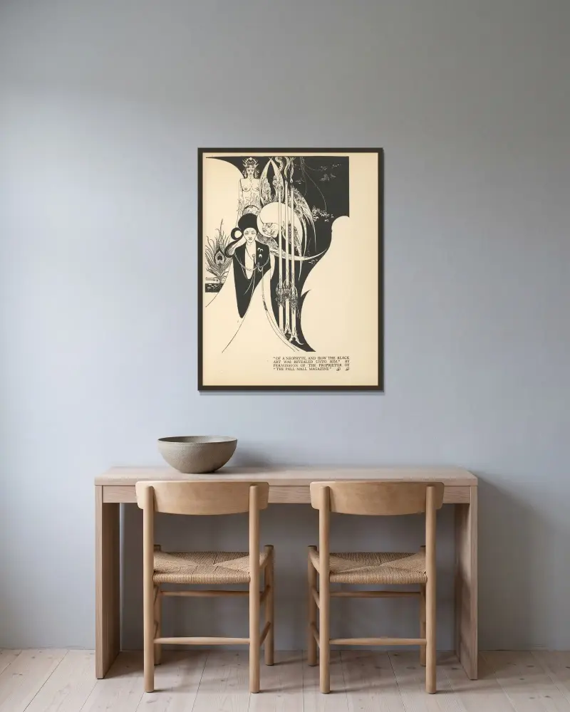 O nowicjuszu i jak mu objawiono czarną sztukę, Aubrey Vincent Beardsley w ramie na ścianie