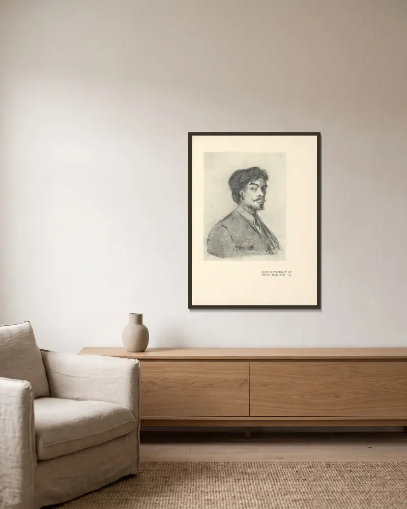 Porträtskizze von Henry Harland von Aubrey Vincent Beardsley gerahmt an einer Wand