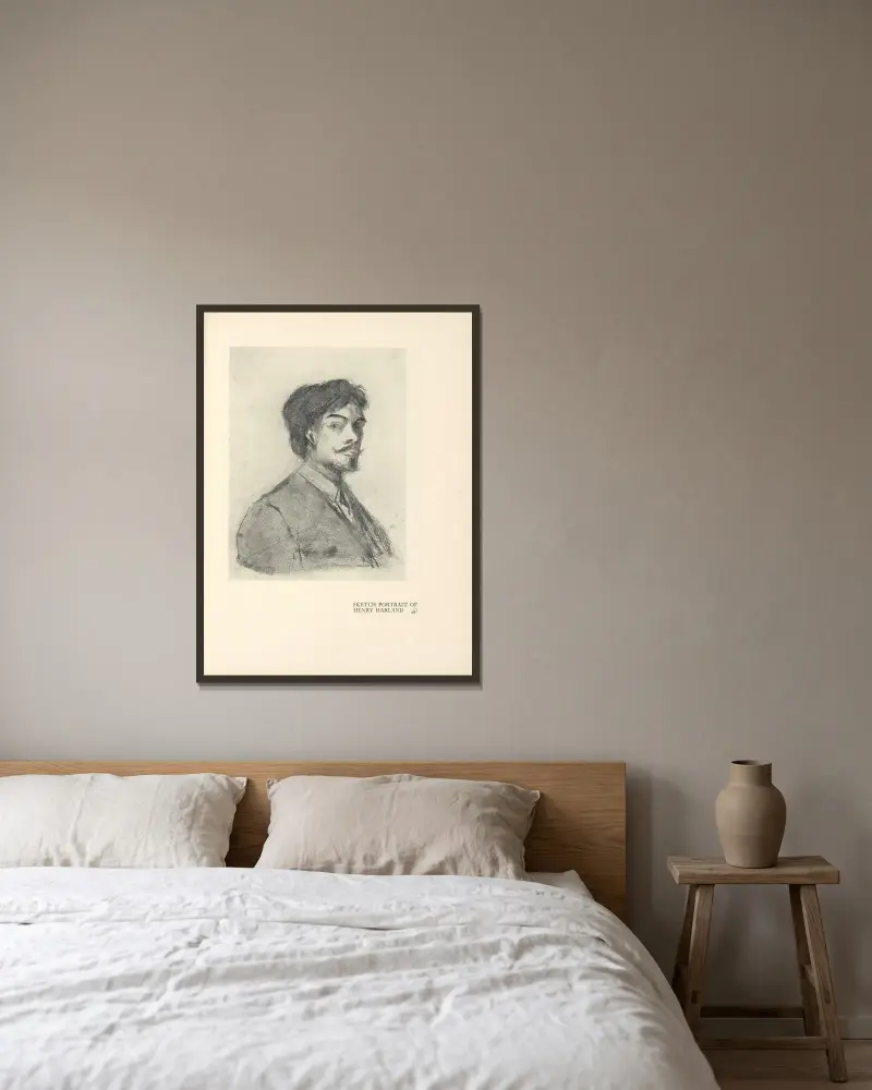 Porträtskizze von Henry Harland von Aubrey Vincent Beardsley gerahmt an einer Wand