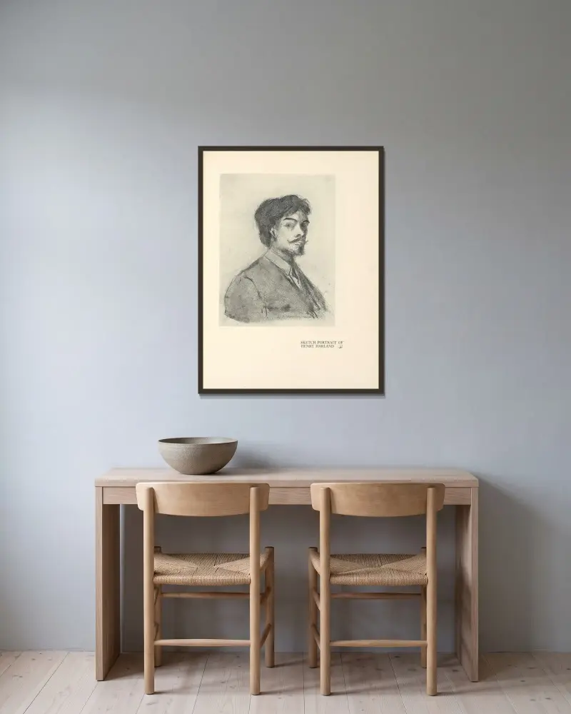 Porträtskizze von Henry Harland von Aubrey Vincent Beardsley gerahmt an einer Wand