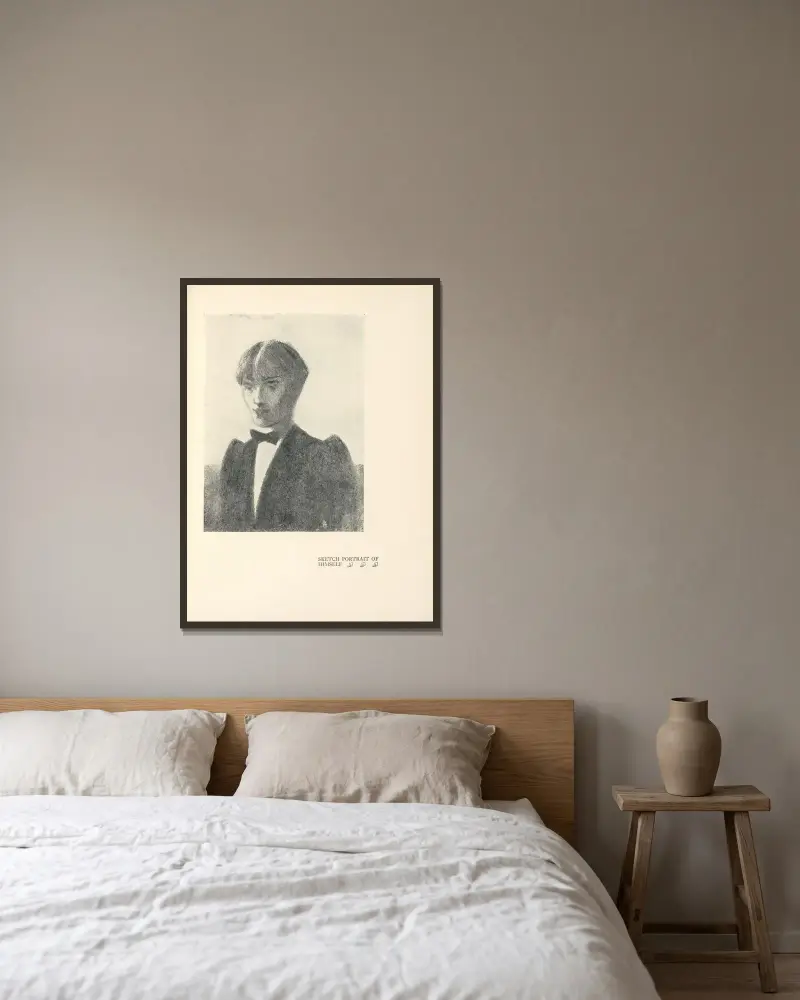 Självporträtt, skiss av Aubrey Vincent Beardsley inramad på en vägg