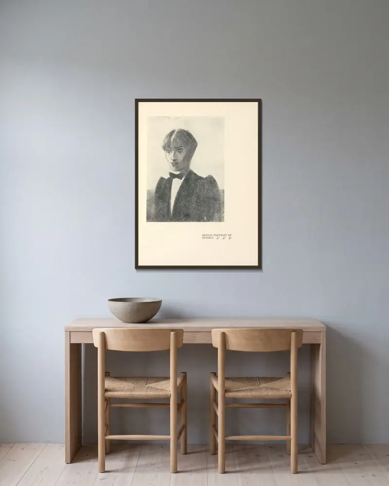 Självporträtt, skiss av Aubrey Vincent Beardsley inramad på en vägg