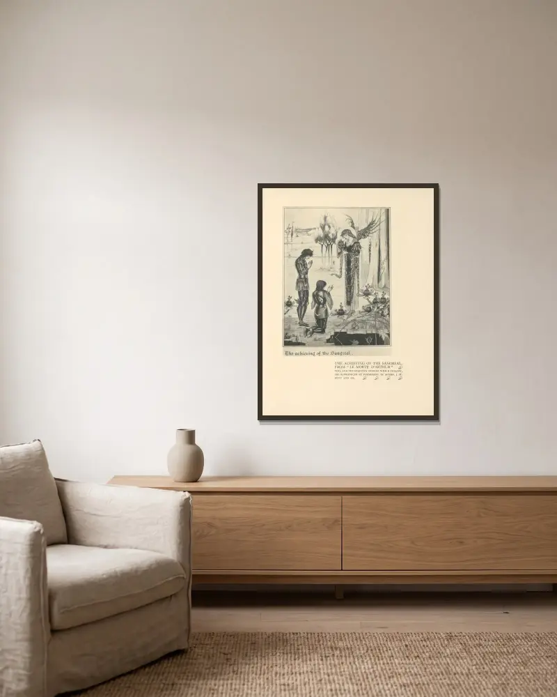 Sangreals uppnående. Ur ”Le Morte d’Arthur” av Aubrey Vincent Beardsley inramad på en vägg