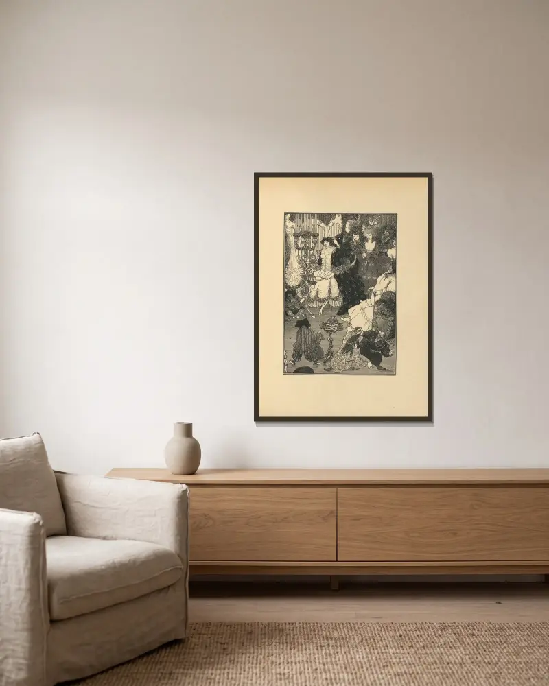 Kammningen. Ur 'The Savoy' nr 3 av Aubrey Vincent Beardsley inramad på en vägg