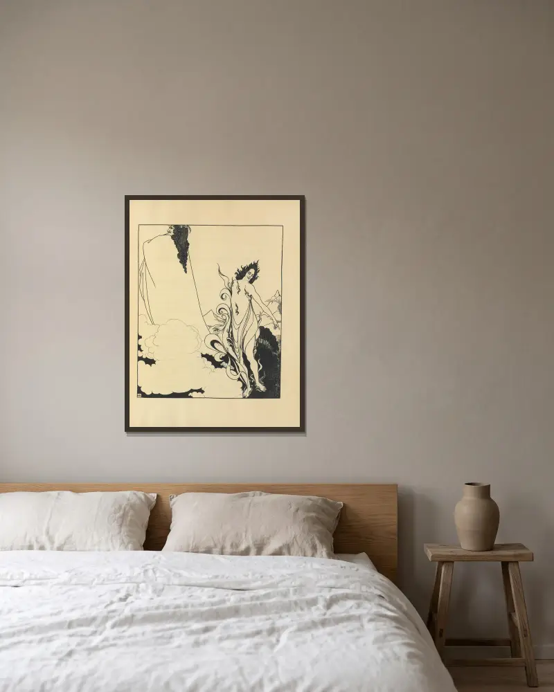Rhenguldets fjärde tablå. Omslagsdesign för nr 6 av 'The Savoy' av Aubrey Vincent Beardsley inramad på en vägg