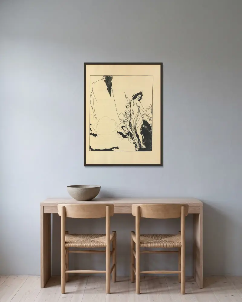 Rhenguldets fjärde tablå. Omslagsdesign för nr 6 av 'The Savoy' av Aubrey Vincent Beardsley inramad på en vägg