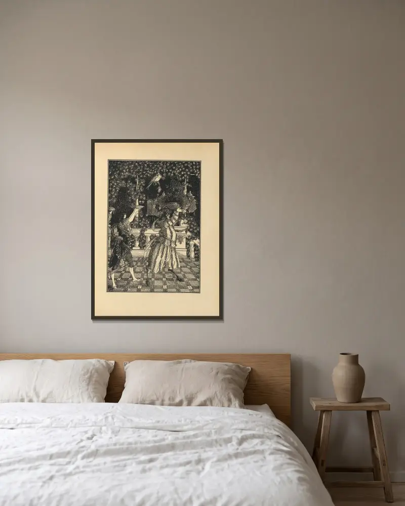 Fruktbärarna. Ur ”The Savoy” nr 1 av Aubrey Vincent Beardsley inramad på en vägg