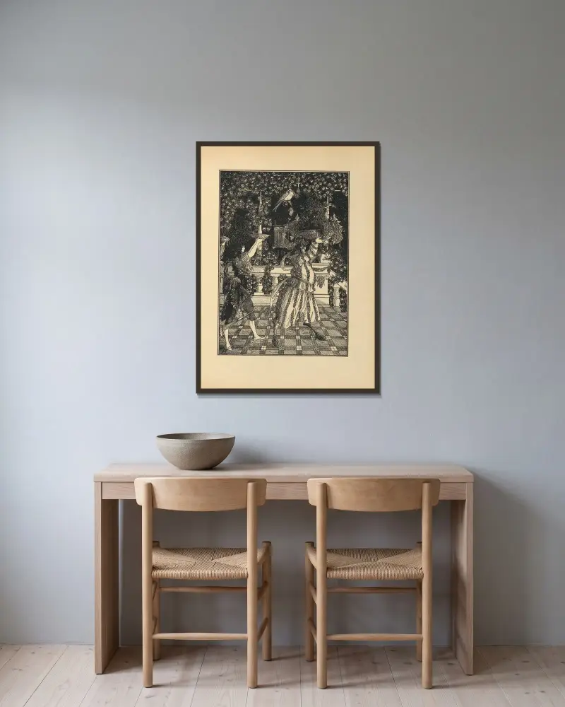 Fruktbärarna. Ur ”The Savoy” nr 1 av Aubrey Vincent Beardsley inramad på en vägg