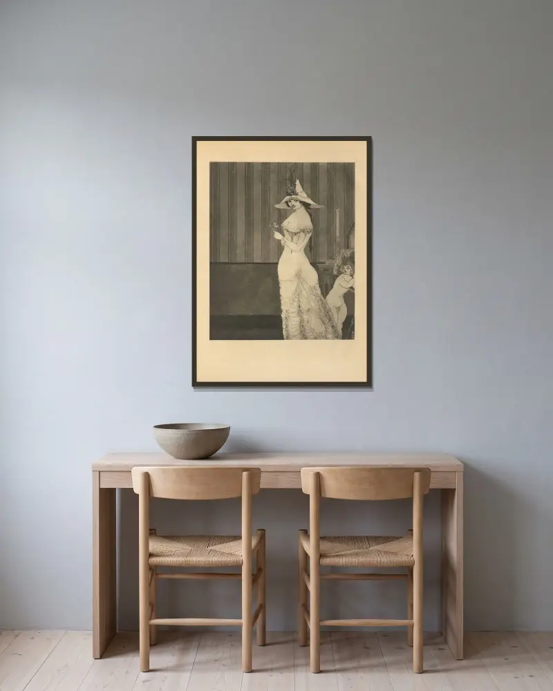 Damen med rosen. Ur 'Mademoiselle de Maupin' av Aubrey Vincent Beardsley inramad på en vägg