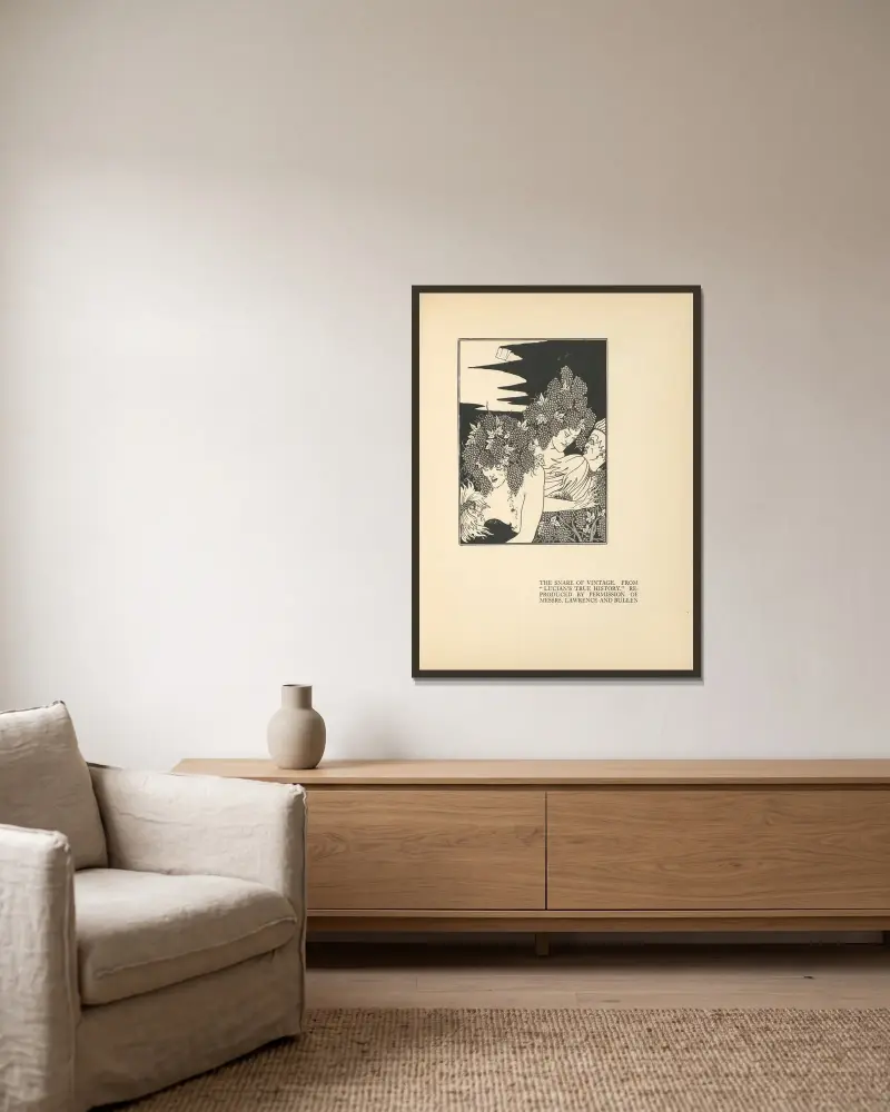 Die Falle des Weines. Aus 'Lukians wahre Geschichte' von Aubrey Vincent Beardsley gerahmt an einer Wand