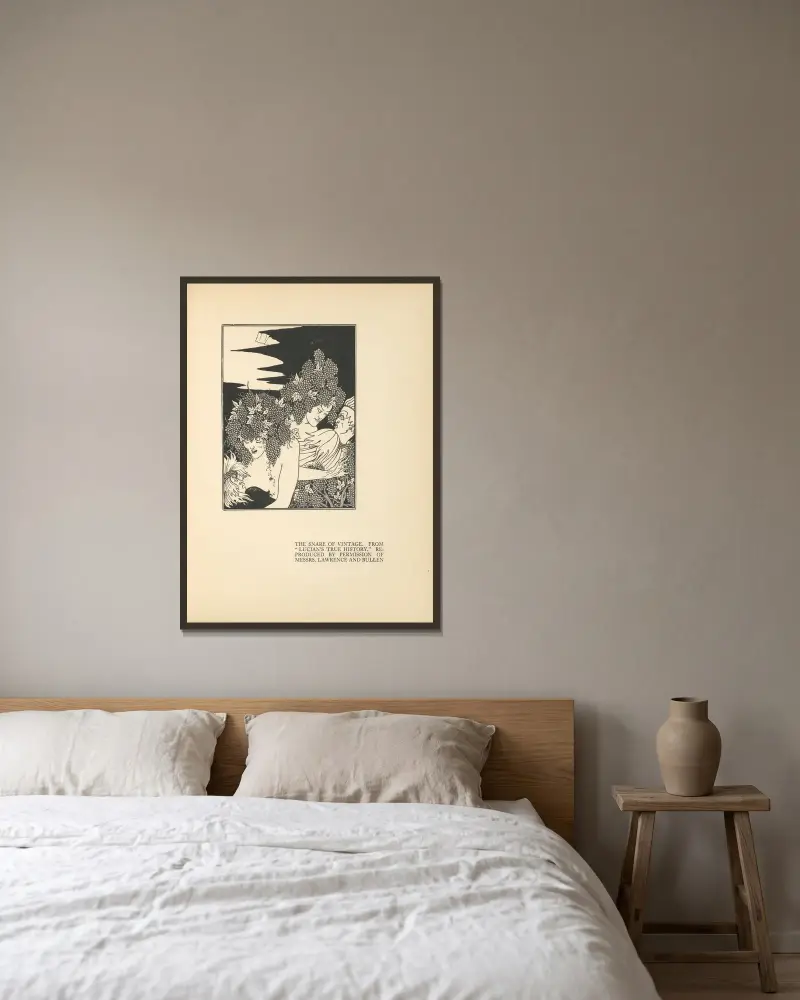 Die Falle des Weines. Aus 'Lukians wahre Geschichte' von Aubrey Vincent Beardsley gerahmt an einer Wand