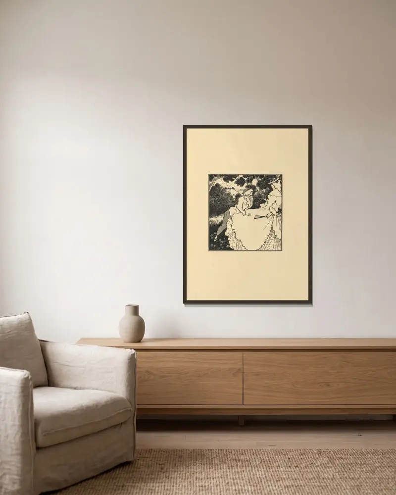 De tre musikerna. En annan design, inte använd i 'The Savoy'. av Aubrey Vincent Beardsley inramad på en vägg