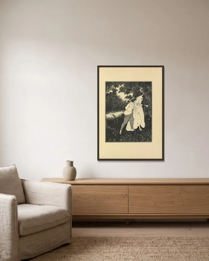 De tre musikerna ur nr 1 av ”The Savoy” av Aubrey Vincent Beardsley inramad på en vägg