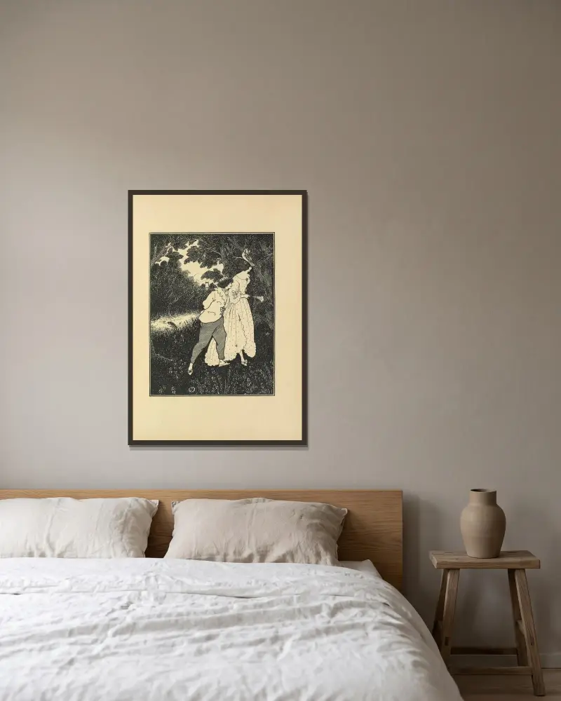 De tre musikerna ur nr 1 av ”The Savoy” av Aubrey Vincent Beardsley inramad på en vägg