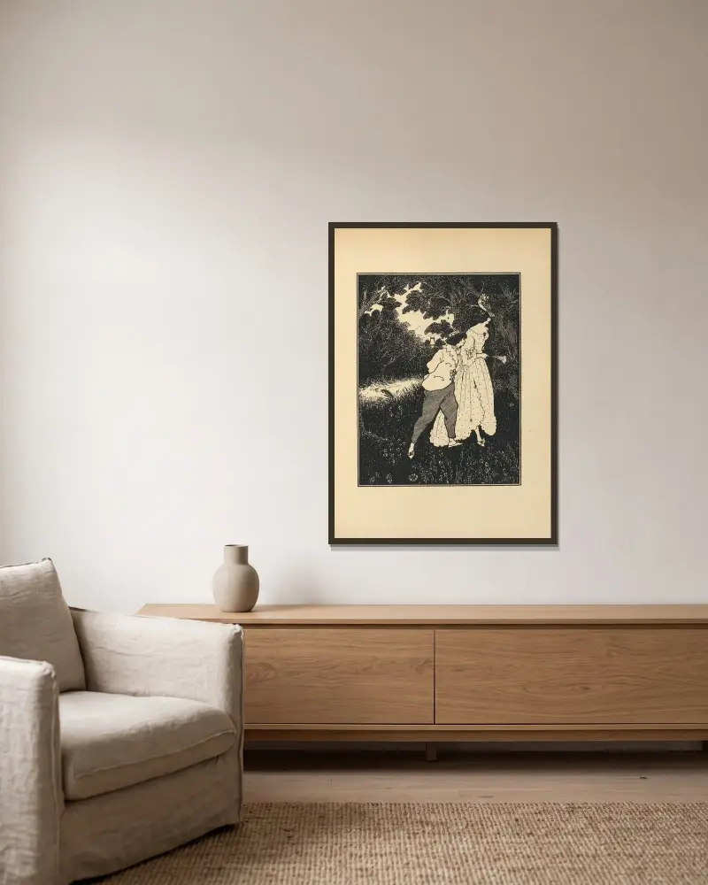 De tre musikerna. Ur 'The Savoy' nr 1 av Aubrey Vincent Beardsley inramad på en vägg