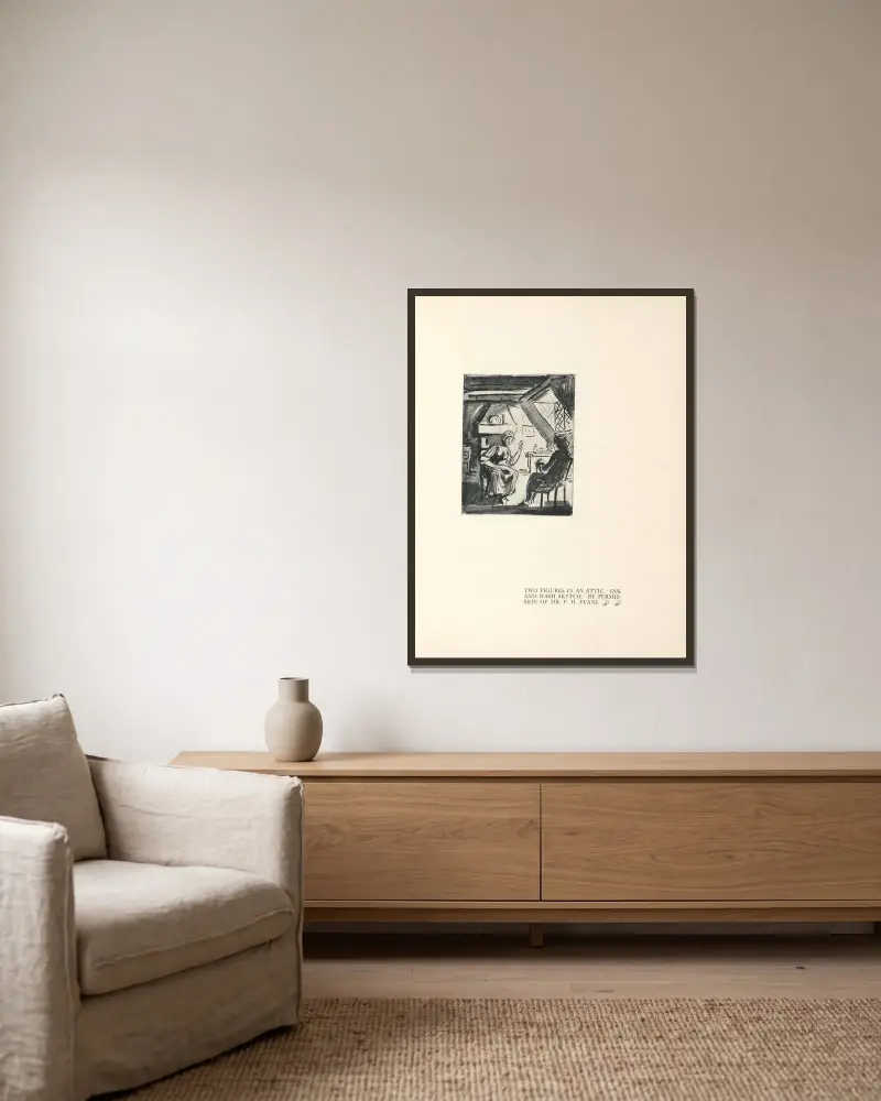 Zwei Gestalten auf einem Dachboden von Aubrey Vincent Beardsley gerahmt an einer Wand