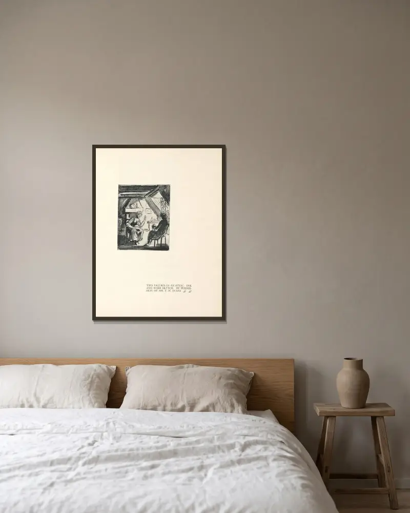 Zwei Gestalten auf einem Dachboden von Aubrey Vincent Beardsley gerahmt an einer Wand