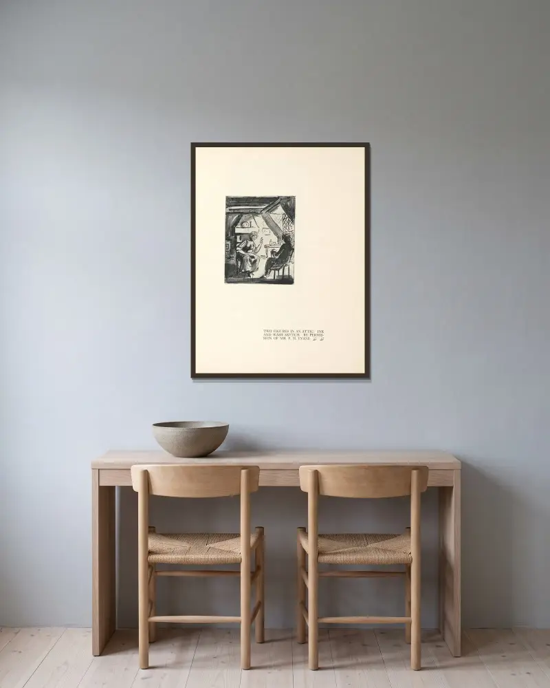 Zwei Gestalten auf einem Dachboden von Aubrey Vincent Beardsley gerahmt an einer Wand
