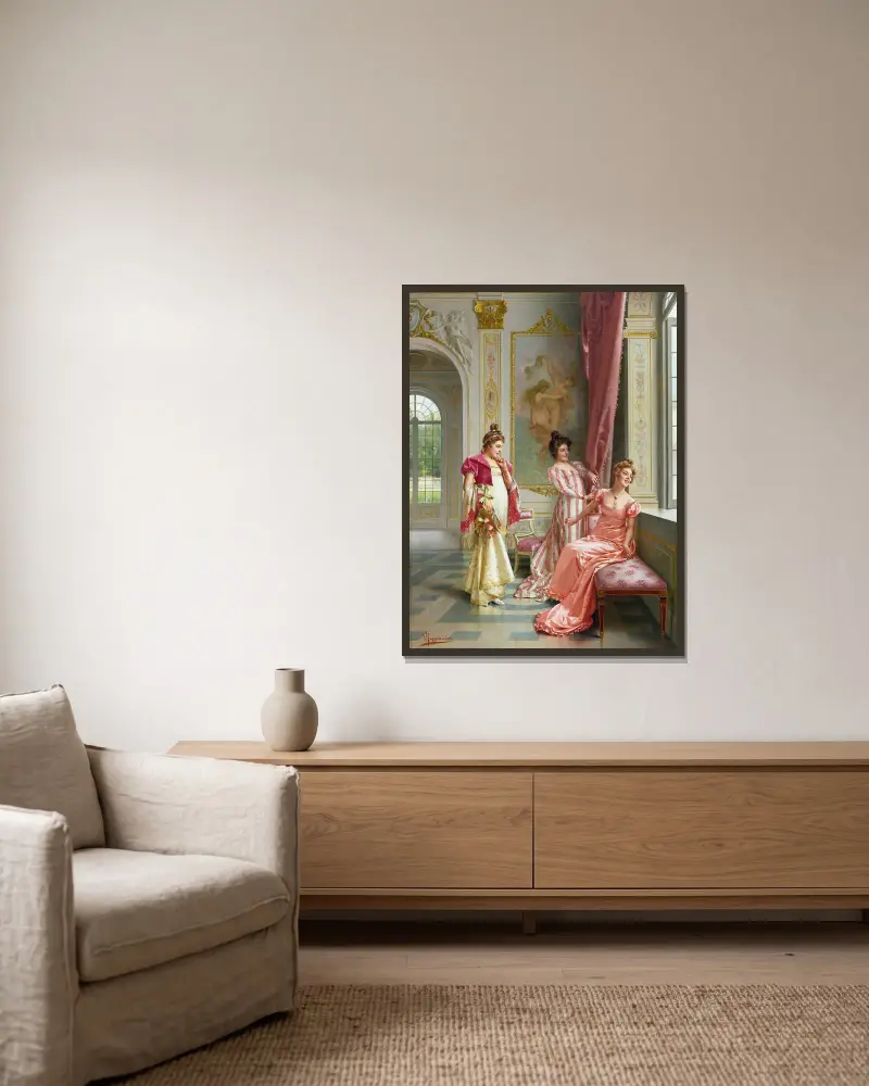 Das Abenteuer der Koketten von Vittorio Reggianini gerahmt an einer Wand