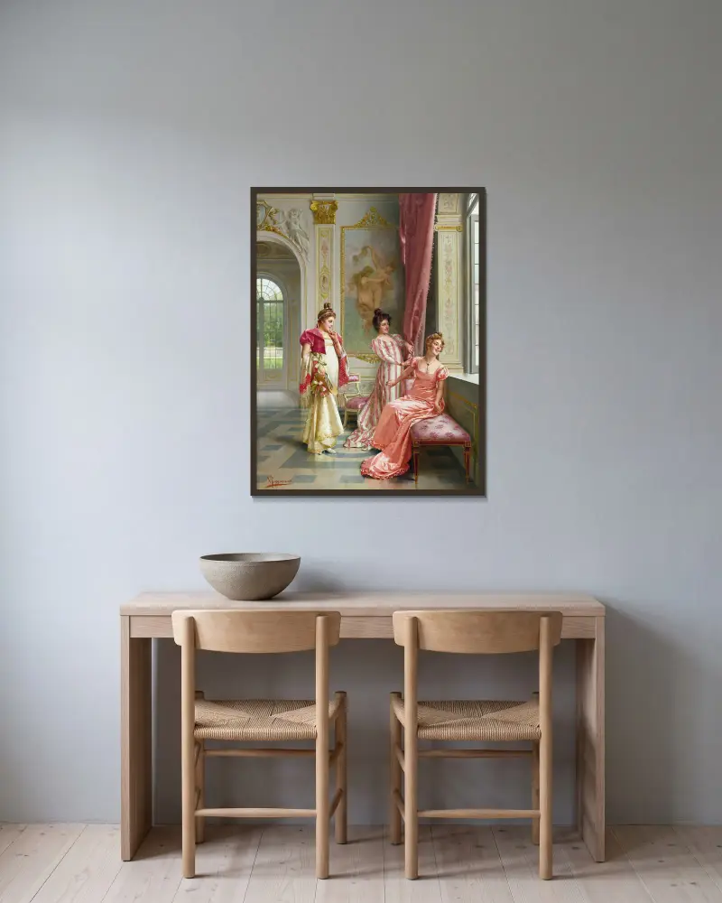 Das Abenteuer der Koketten von Vittorio Reggianini gerahmt an einer Wand