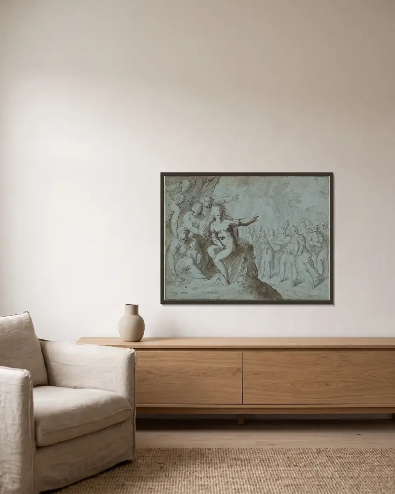 Mythological Scene av Hans von Aachen inramad på en vägg