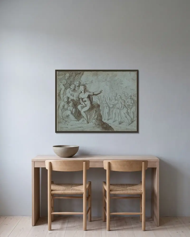 Mythological Scene av Hans von Aachen inramad på en vägg