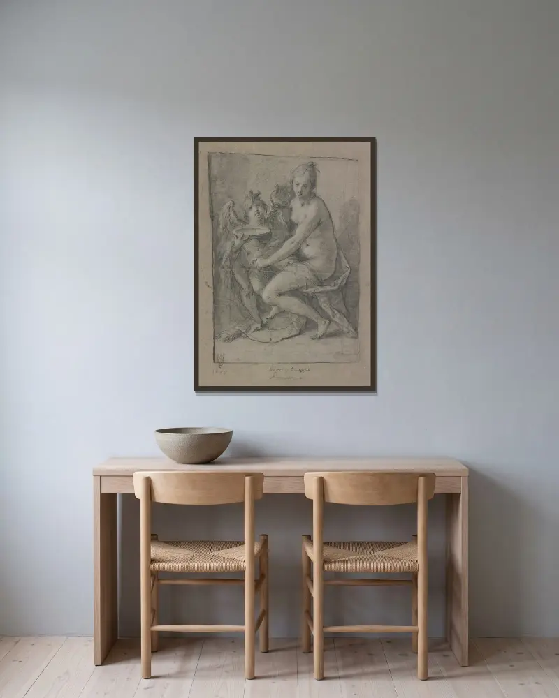 Sitzende Venus und stehender Amor mit Schale av Hans von Aachen inramad på en vägg