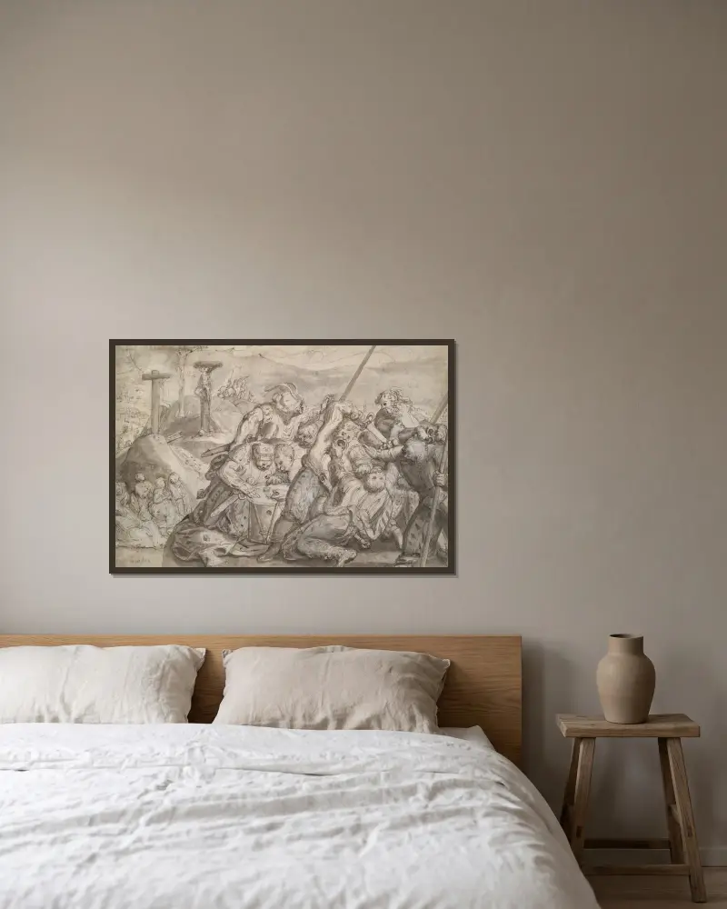 Soldaten würfeln um den Rock Christi von Hans von Aachen gerahmt an einer Wand