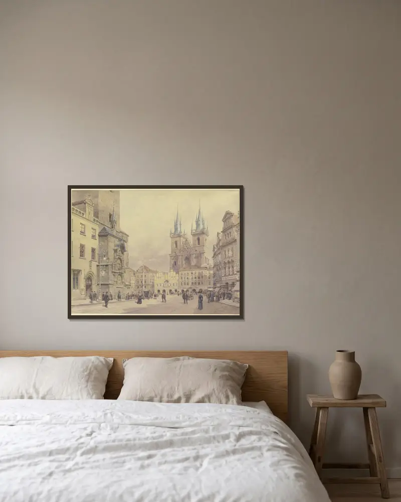 Blick auf die Teynkirche und die Mariensäule am Altstädter Ring zu Prag von Rudolf von Alt gerahmt an einer Wand